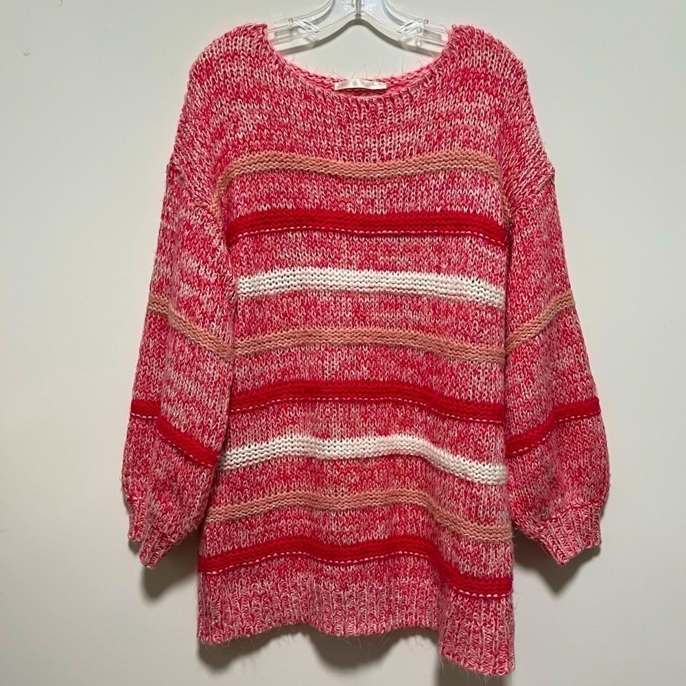 Saints & Hearts Pink crocheted soft cozy knit bell sleeves stylish tunic sweater